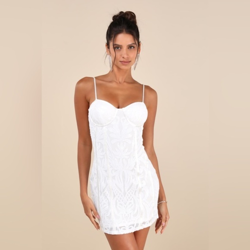 LULU’S AGLOW WITH LOVE MESH SEQUIN BUSTIER BODYCON MINI DRESS